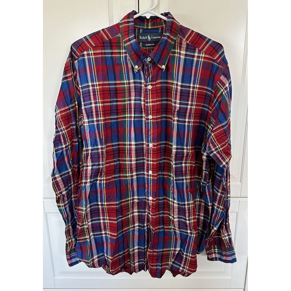 Polo Ralph Lauren Class Fit Red Blue Plaid Shirt Men's 100% Cotton